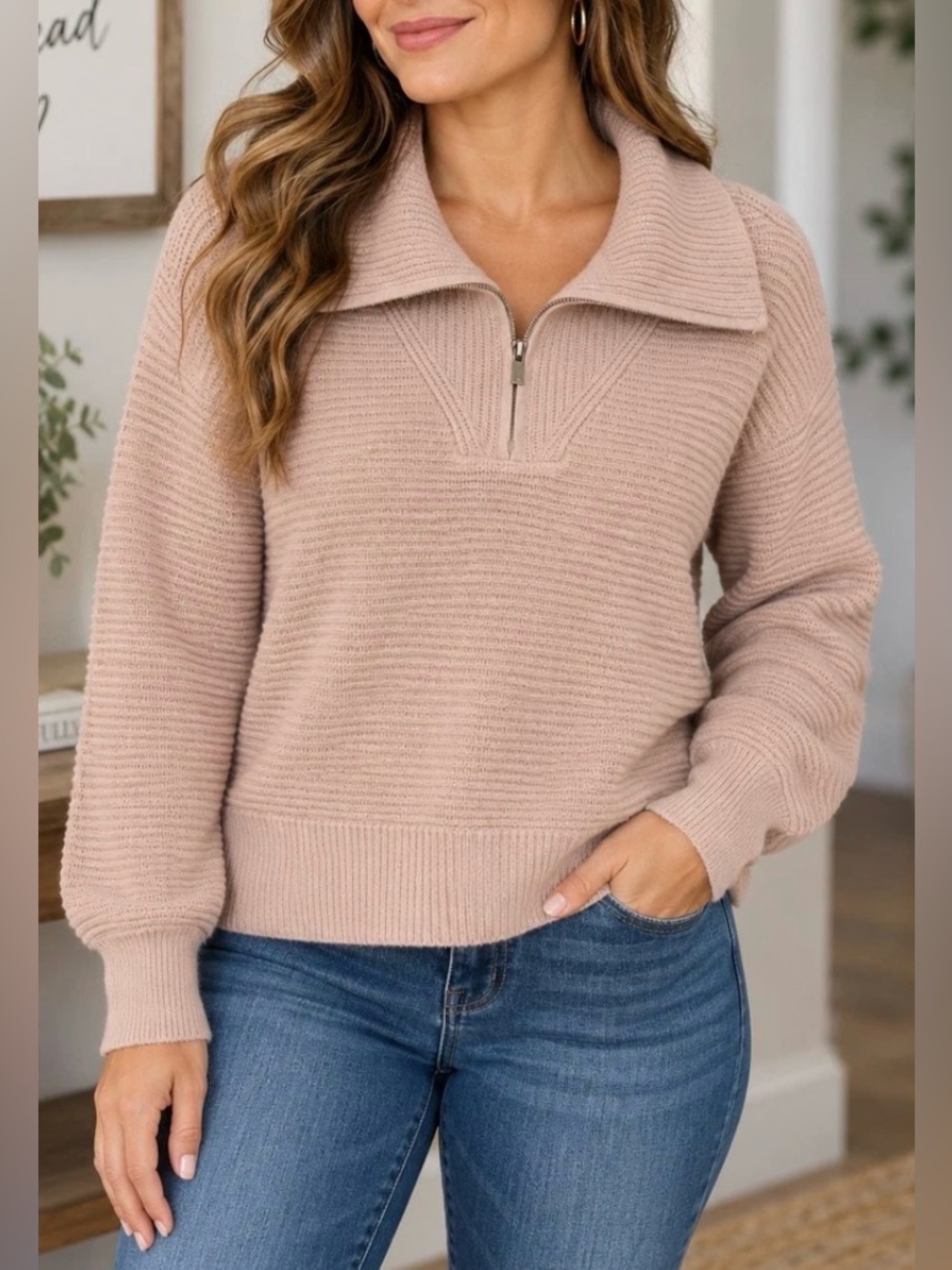 Sonoma Beige Ribbed Half-Zip Turtleneck Sweater